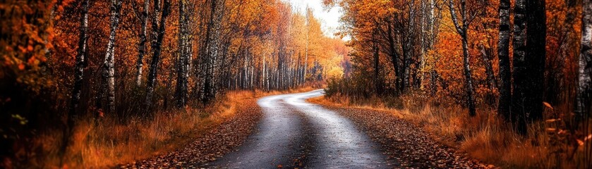 Fototapeta premium Fall foliage path, vibrant colors, scenic route, dynamic action, inviting