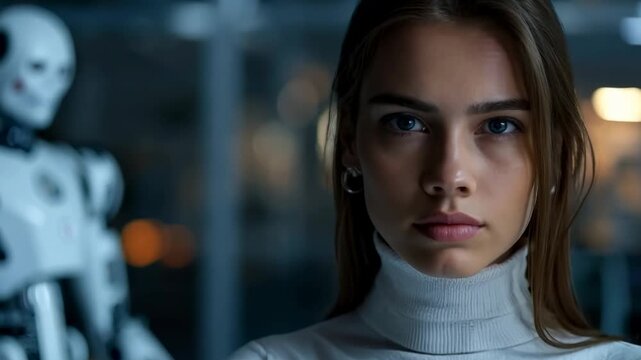 A young woman stands thoughtfully next to a humanoid robot in a futuristic laboratory, pondering the implications of advanced technology