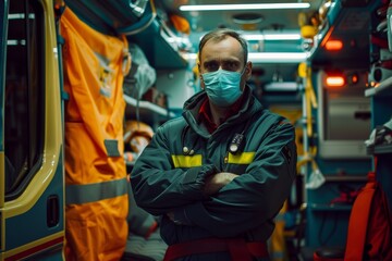 Determined paramedic inside ambulance, wearing mask, arms crossed, surrounded by emergency gear