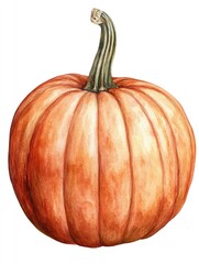 A single pumpkin painted in watercolors against a white background, perfect for autumn-themed designs and decorations