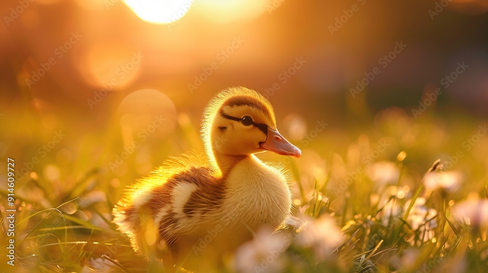 Poster duck in sunlit field with grass and flowers