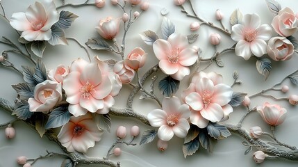 3D relief wallpaper with painting of sculpted rose blossoms and delicate petals, adding a romantic and natural elegance, mural wall art oil painting