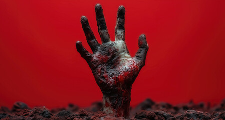 A bloodied zombie hand rises from the dirt against a vivid red background, evoking a chilling Halloween scene