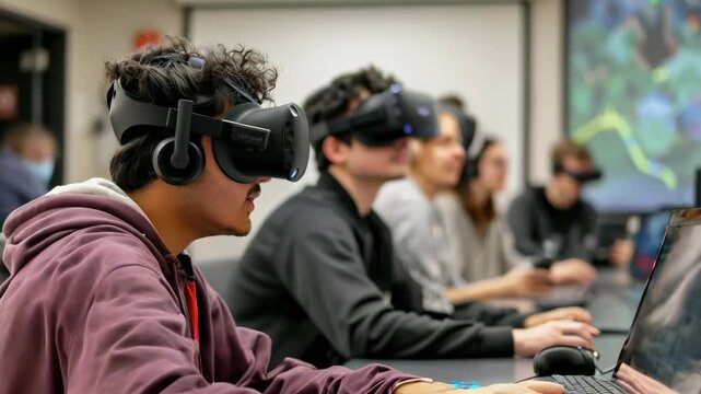Young adults, both male and female, wearing VR headsets, sit at desks using laptops in a classroom setting. They appear focused, possibly engaged in a VR-based learning activity. The mood is serious
