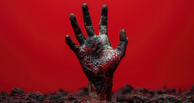 A bloodied zombie hand rises from the dirt against a vivid red background, evoking a chilling Halloween scene