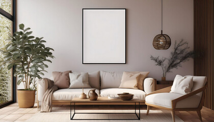Frame mockup, ISO A paper size. Living room wall poster mockup. Interior mockup with house