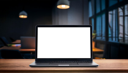 Fototapeta premium A front view image of a laptop computer mockup on a wooden table in a dark office