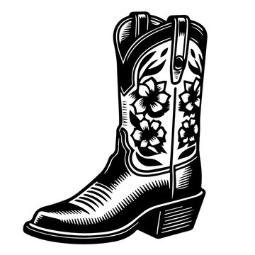 black and white floral cowboy boot clip art preview