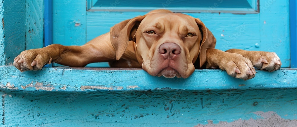 Sticker   A close-up of a dog resting its head on the ledge of a window sill