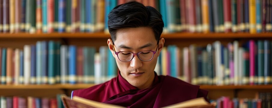 Buddhist scholar, studying texts, selective focus, ancient wisdom, realistic, blend mode, library