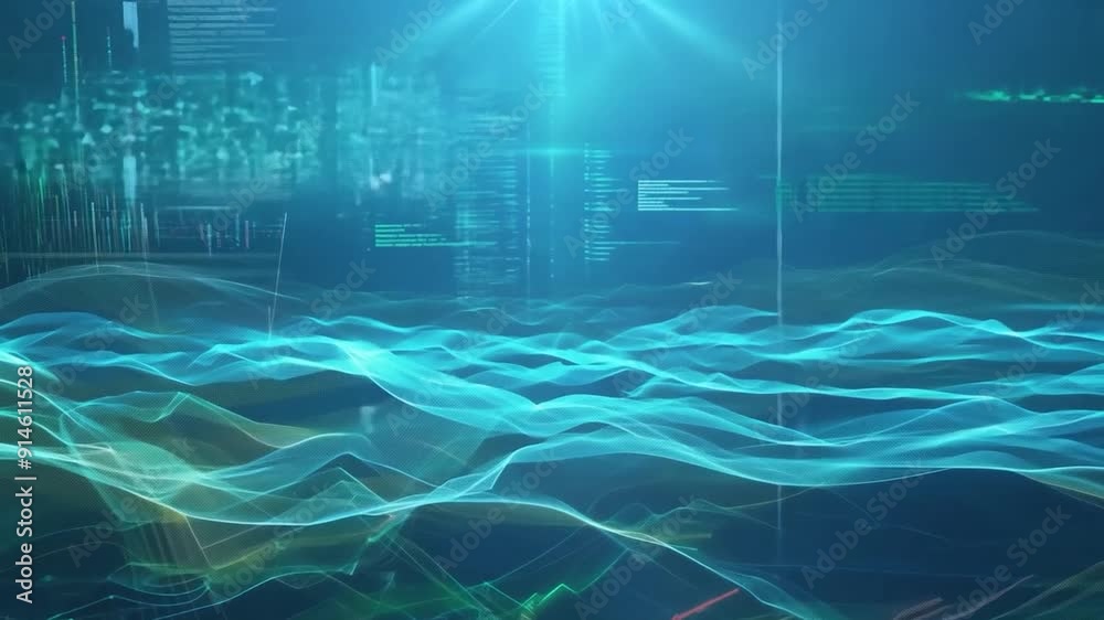 Poster glowing lines of code and data are flowing through cyberspace in this abstract technology background