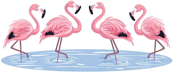 Obraz premium Three pink flamingos standing in the water with legs extended, and one pink flamingo standing in the water with its legs raised high
