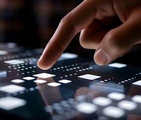 Close-up of a hand touching a digital touch screen with an abstract background, focusing on a finger pushing a button and white squares in motion, conveying a technology concept. 
