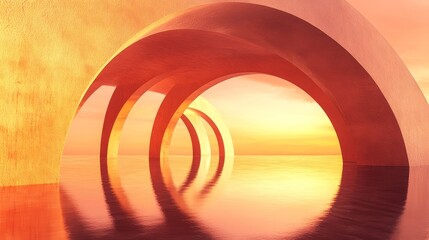 Obraz premium 3d animation of arches at sunset with reflection in water, creating a futuristic landscape