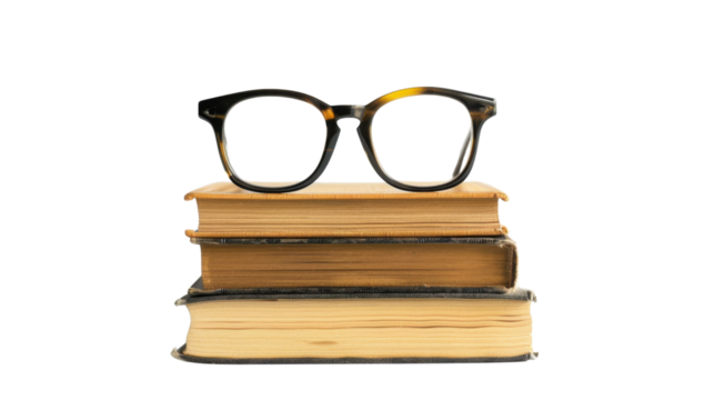 Stacked books and goggles on transparent background 