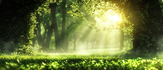   A verdant forest brims with numerous trees and sprawling expanses of sunlight filtering through them