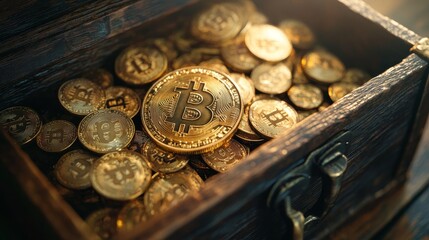 3d animation of an open chest filled with golden bitcoins