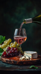 Obraz premium close up of wine being poured into a glass with cheese and grapes