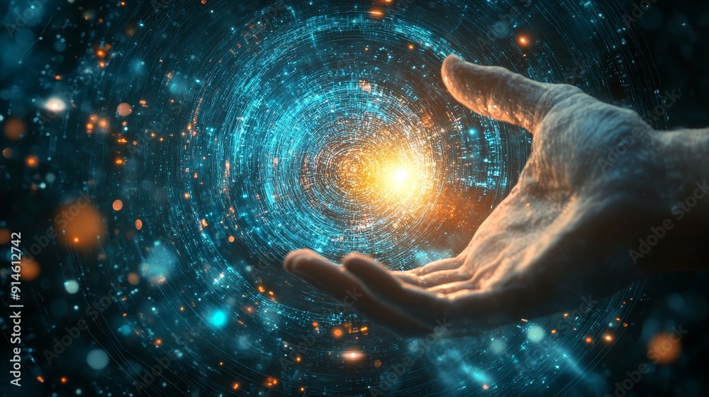 Wall mural 3d animation of a hand holding a glowing sphere in outer space with sparks