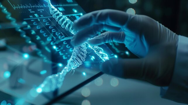 holographic display lab room and digital data flow, a scientist wearing protective gear - Powered by Adobe