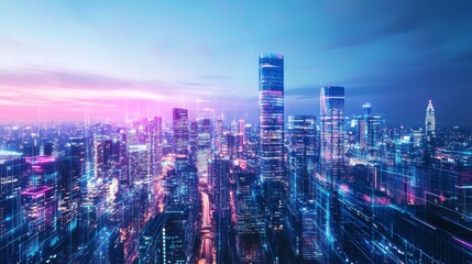 Obraz premium 3d animation of a night metropolis with bright lights and skyscrapers at sunset