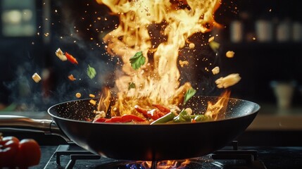 3d animation of frying vegetables in a frying pan with a flame effect and ingredients flying up