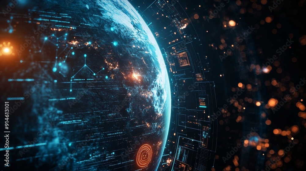 Poster digital globe with glowing data connections on a dark background