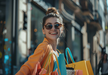 Joyful young woman with shopping bags, enjoying a day of shopping in the city