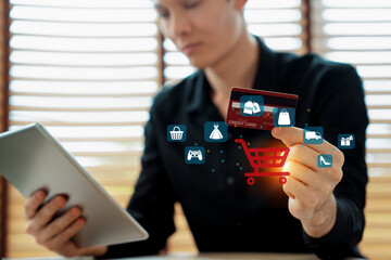 Customer open hologram graphic interface controlling device choosing online platform. Smart...