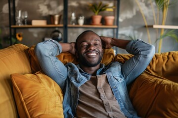 Fototapeta premium Man relaxing at home on couch with hands behind head in cozy living room