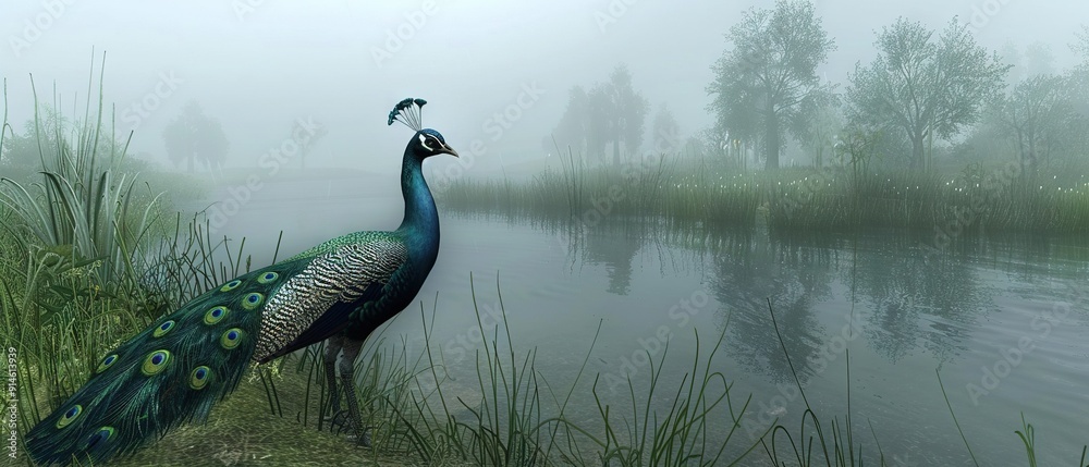 Poster a peacock stands beside water in a foggy, dreary scene