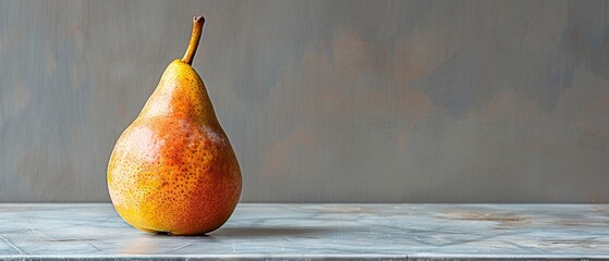   A pear resting on a table, beside a gray wall with a brown spot on its top