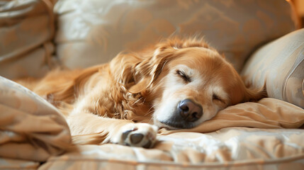 a golden retriever lying on a beige sofa. The dog appears to be relaxed, with its eyes closed and mouth slightly open, possibly enjoying a nap