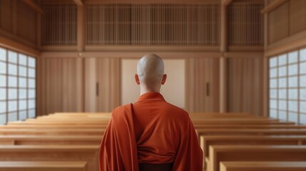 Buddhist monk, teaching dharma, focus on, spiritual guidance, realistic, blend mode, teaching hall