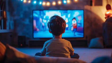 Obraz premium Little boy sitting on a comfortable sofa in the kids room and watching cartoons using worldwide streaming service. Modern digital devices, Subscription VOD and kids' eye health concept image.