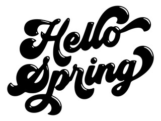 Words ‘Hello Spring’ written in stylized retro bubble script lettering