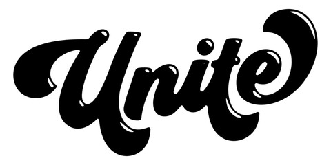 Word ‘Unite’ written in stylized retro bubble script lettering