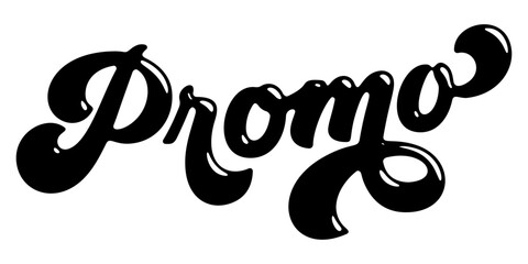 Word ‘Promo’ written in stylized retro bubble script lettering