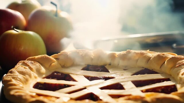 Indulge in a Deliciously Baked Apple Pie featuring a luscious Golden Crust made with Fresh Apples. A warm apple pie with flaky, buttery crust, ideal for cozy autumn gatherings and delightful desserts