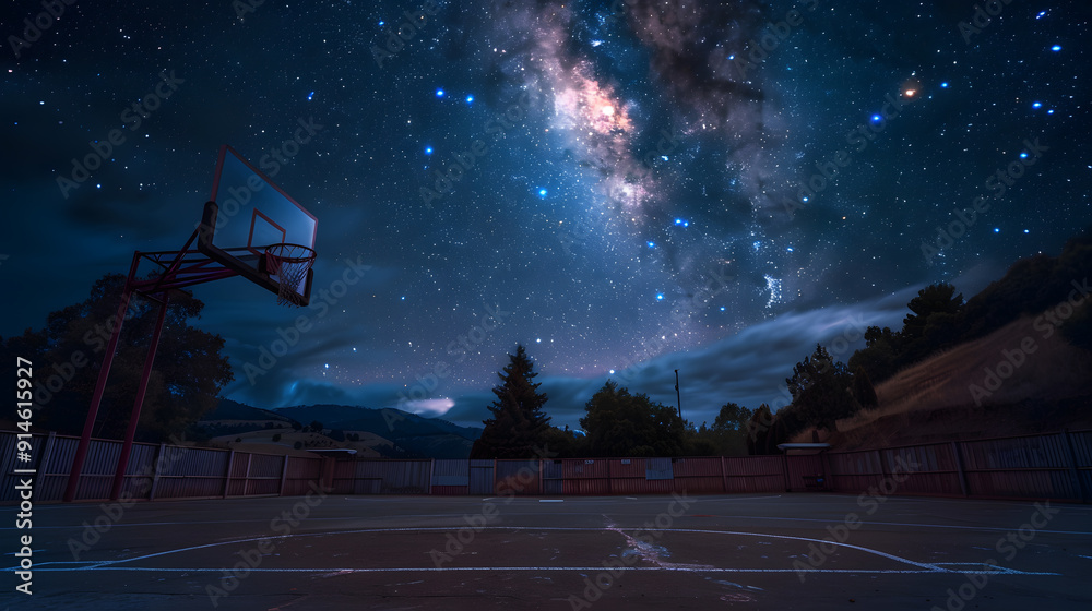 Wall mural A basketball court is shown in the rain with a red hoop