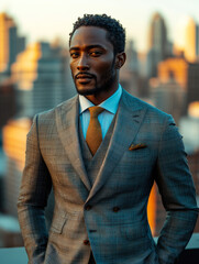 Obraz premium Confident Black Man in Gray Business Suit with Urban Skyline at Sunset