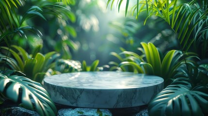 Marble pedestal in lush greenery - generative ai