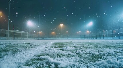 A soccer field covered in snow with a goal in the background. Scene is cold and serene