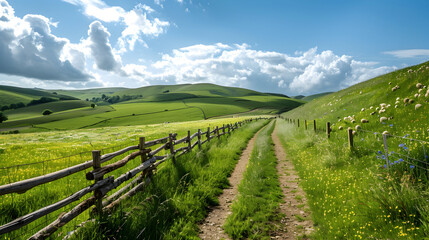 Naklejka premium Rolling green hills under a clear blue sky with fluffy clouds, dotted with grazing sheep and wildflowers. A wooden fence and a dirt path leading through the landscape.