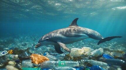 Fototapeta premium Dolphin Swimming Among Plastic Waste in Ocean Environment on Bright Sunny Day