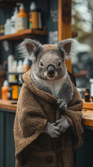 A koala looks curiously while wrapped in a towel inside a grooming shop surrounded by various grooming products