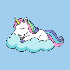 cute unicorn sleeping on cloud cartoon vector icon