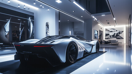 a hypercar showcased in a high-tech showroom, with futuristic lighting and minimalist design...