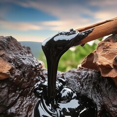 Thick black liquid tar of Shilajit flows down from rocky mountains, with a background of greenery and a scenic sky.