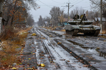 War-Torn Village with Tank, Muddy Battlefield, Destruction and Ruins,